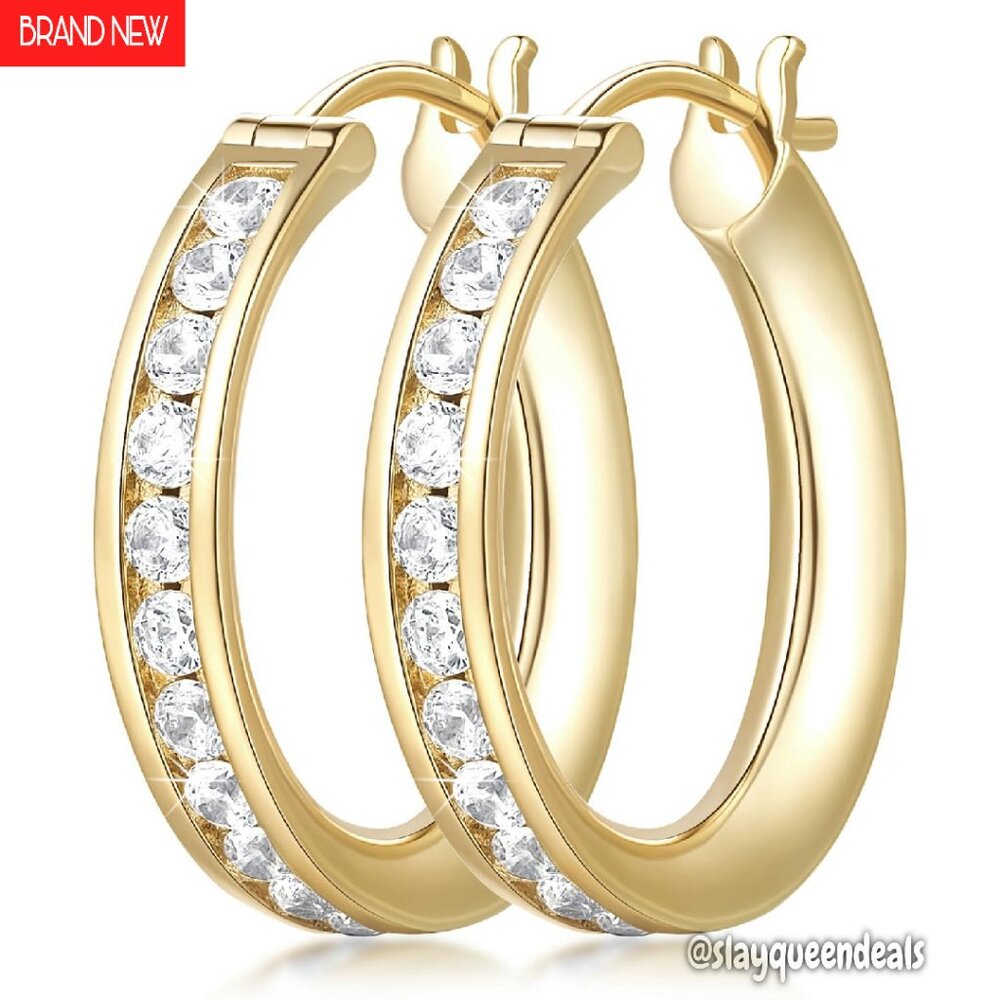 14k Gold Plated Hoop Earrings 20mm Cubic Zirconia Hypoallergenic